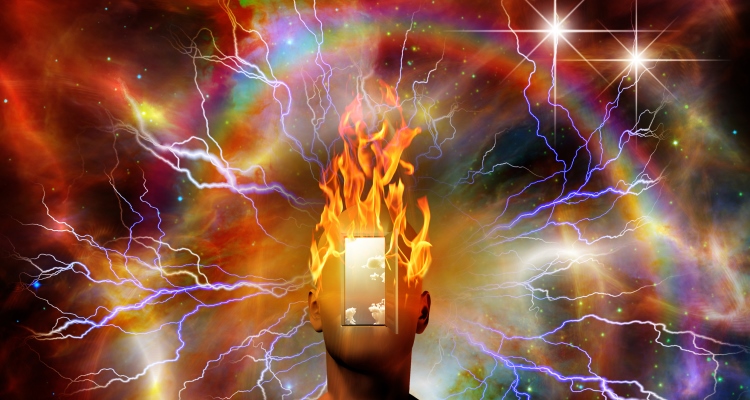 A gorgeous visual of a mind on fire, with door opening toward the future and rainbow lightening energy all around