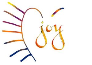 The word "joy" sitting inside a partially painted rainbow watercolor heart 